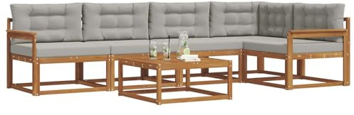 vidaXL Outdoor-Sofagarnitur mit Kissen 6 pcs Natürlich und Hellgrau, Gartenmöbelset, modernes Patiosofa, Robustes modulares Lounge-Set, Outdoor-Sitzgelegenheit für Garten, Poolbereich, Akazienholz