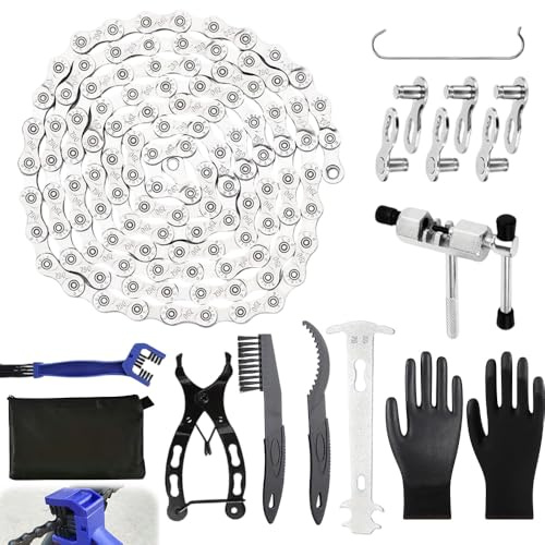 Bike Chain, 6/7/8 Speed Chain, 11 Pcs Mountain/Road Cycling Maintenance Tools Kit, 116 Links with Chain Breaker, Checker, Plier, Hook, Gear Clean Scraper and Brush for Road Mountain Racing Cycling