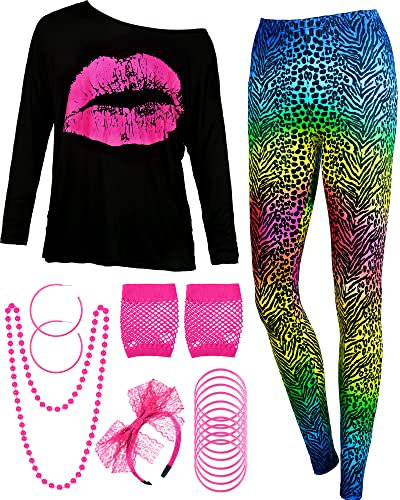 80er Jahre Damen Kostüm Set, T Shirt, Legging Hose Ohrring Halskette Handschuhe Armband(Lange Ärmel Leopard,S)