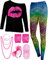80er Jahre Damen Kostüm Set, T Shirt, Legging Hose Ohrring Halskette Handschuhe Armband(Lange Ärmel Leopard,S)