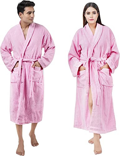SweetNeedle Bathrobe 100% Cotton Terry Towel Dressing Gown Super Soft Light Luxury Highly Absorbent Toweling Robes with Pockets, Shawl Collar and Adjustable Belt for Men Women – Pink