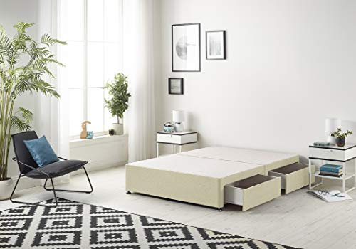 Bed Centre Flexby Divan Bed Base Only with 2 Drawers (Same Side), No Headboard - Available in 3FT, 4FT, 5FT & 6FT (4FT6 Double, Linen Beige Fabric)