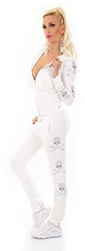 xy Damen Jogginganzug Sport Fitness Freizeit Jacke Hose Strass Nieten Skull Kapuze (Weiß, M-L)