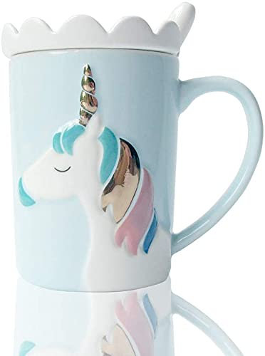 KBEAZY Simpatiche tazze in ceramica con unicorno divertente tazza da caffè unica tazza da tè al latte con coperchio in pizzo e cucchiaio per bambini, donne e ragazze (blu)