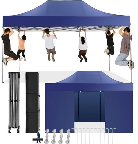 COBIZI Faltpavillon 3x4,5 Wasserdicht Stabil Winterfest mit Seitenwand,Pop Up Pavillon Partyzelt,Sonnenschutz Gartenpavillon,Pavillon Faltbar mit Handtasche(3 mal 4,5m Dunkelblau)