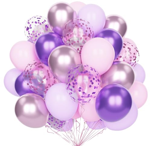Ballons Rose Violet, 60 Pcs 12 Pouces Pastel Rose Violet Métallisé Rose Violet Ballons Fête Ensemble avec Ballons Confettis pour Décoration Anniversaire Mariage Fête Baby Shower