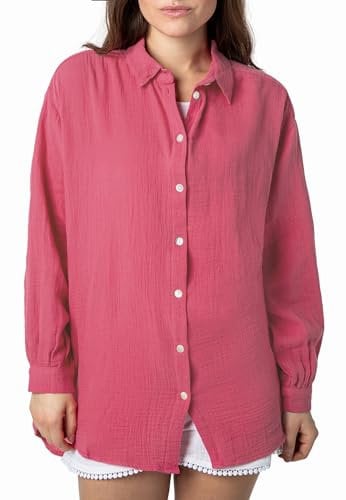 Sublevel Langarm Musselin Bluse mit Kentkragen - Damen Muselin Oversize Bluse, Baumwolle, Knopfleiste in verschienden Farben pink M/L