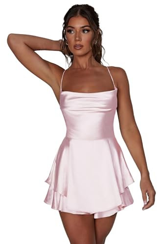 Odizli Mini robe d'été sexy pour femme - Bretelles spaghetti - Dos nu - En satin, Rose, L