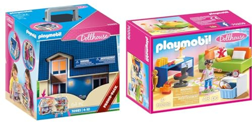 PLAYMOBIL Dollhouse 70985 Mitnehm-Puppenhaus mit Griff, Zusammenklappbar, Spielzeug für Kinder ab 4 Jahren & Dollhouse 70209 Jugendzimmer mit Mädchenfigur und Zubehör, Ab 4 Jahren