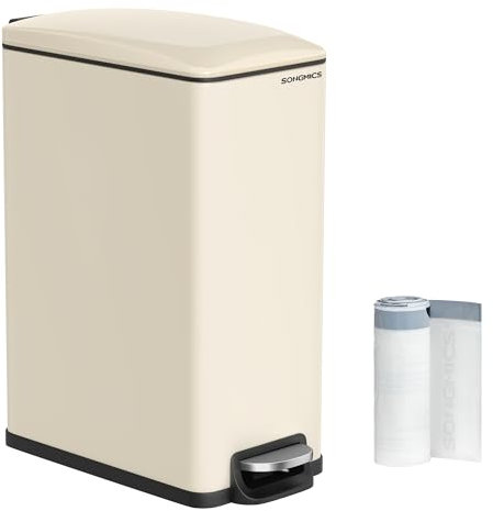 SONGMICS Cubo de Basura de Cocina de 48 L, Papelera con Pedal Delgado para Espacios Estrechos, Tapa de Cierre Suave y Cubeta Interior, Acero, con 15 Bolsas de Basura, Beige Arena LTB510A02