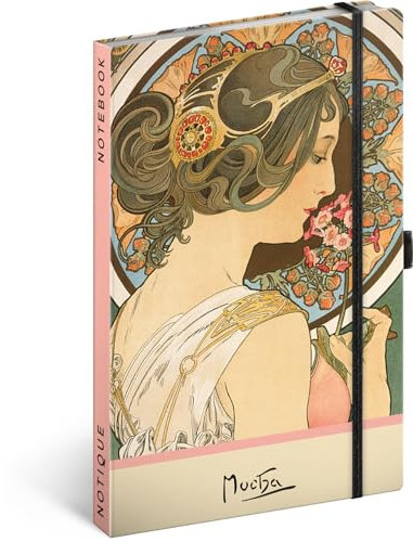 NOTIQUE Notizbuch Gepunktet mit Gummiband 13x21cm ca. A5, Designer Hardcover Notebook Dotted, Notizblock, Notizheft, Journal, Tagebuch für Erwachsene, Damen (Alphonse Mucha Schlüsselblume)