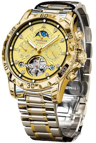 FORSINING Mechanische Herrenuhr, Mondphasen-Tourbillon, automatische Selbstaufzieh-Armbanduhr, luxuriöses Edelstahlband, 43 mm großes Zifferblatt, Herren-Armbanduhr mit 3 Hilfszifferblättern,