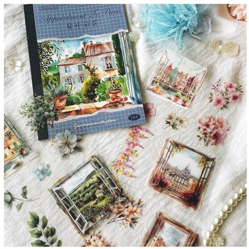 Ta Merry Scrapbooking Aufkleber Accessories Set,PET Aesthetic Sticker 18 Blätter Journal Zubehör für Scrapbooking, Album Aufkleber, Journal Aufkleber DIY(Flowers outside the window)