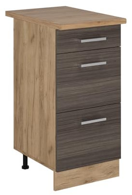 Vicco Küchenunterschrank R-Line, Edelgrau, 40 cm mit Schubladen, AP Eiche