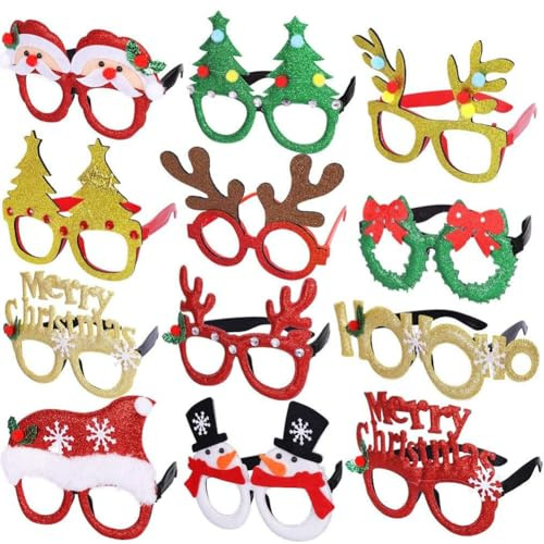 ZesGlyxyr Weihnachtsbrille, 12 Stück Kreative Weihnachten Brillen Party, Weihnachtsbaum Rentier Partybrille, Kreative Weihnachtsdekorationen, Geeignet für Kinder, Jugendliche, Erwachsene E