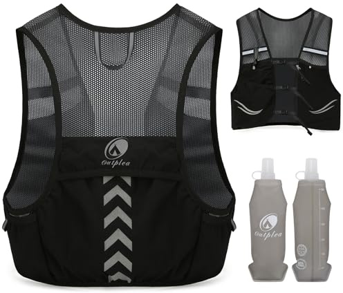 Outplea Laufweste mit 2 Stück 500ml Wasserflasche, Leicht Laufrucksack Herren Damen, Trinkrucksack Trinkweste für Tailrunning Laufen Marathon Zubehör, Schwarz/ M
