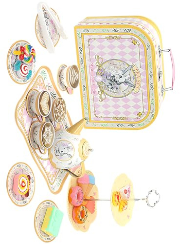 Oxxggkao Portable Pretend Party Set in Hand Carry Case with Small Kitchen Items for Imaginative Play and Creative Fun Girls Teapoys Toy