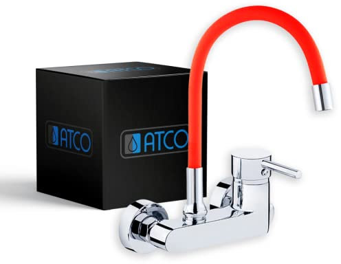 ATCO® Wandarmatur Küchenarmatur Spültisch flexibler Auslauf EHM Armatur Küche Spültischarmatur Einhebelmischer Gastro Spüle Wasserhahn Wandmontage Chrom-rot