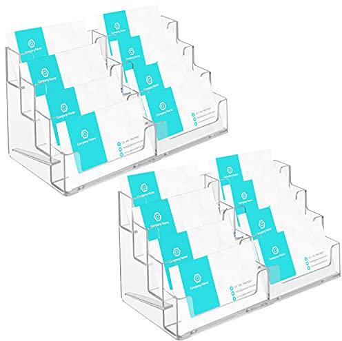 Belle Vous Porte Carte de Visite Acrylique (Lot de 2) - Contient Jusqu’à 320 Cartes - Porte Carte Visite Transparent à 4 Niveaux et 8 Compartiments pour Bureau, Hôtels et Plans de Travail