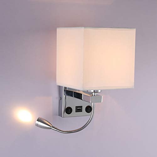 ALLOMN Applique de Chevet, Applique de Lecture à LED Applique Murale Moderne en Chrome Poli avec Projecteur Ajustable à col de Cygne, Interrupteurs Doubles, Avec Port USB pour Charger E27 (USB 1 PCS)