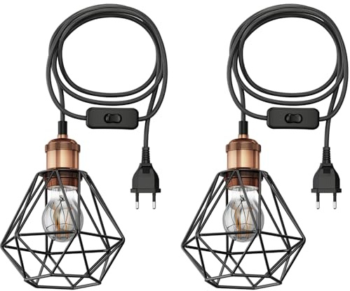 ledscom.de 2 Stück 3 m Textilkabel RETRA, Vintage, Stecker, Schalter, bronze, Käfig-Schirm + LED Lampe 370lm, extra-warmweiß