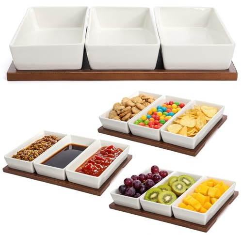 Elsjoy 3-Section Serving Tray, Wood Divided Serving Dish with Ceramic Bowls, 3-Compartment Food Platter Dipping Tray for Appetizer, Fruits, Bread