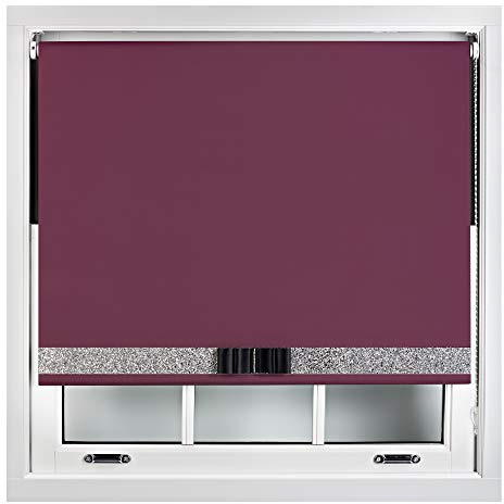 FURNISHED Blackout Roller Blinds Decorative Glitter Fabric & Bow - Trimmable - Aubergine 185W x 165H cm