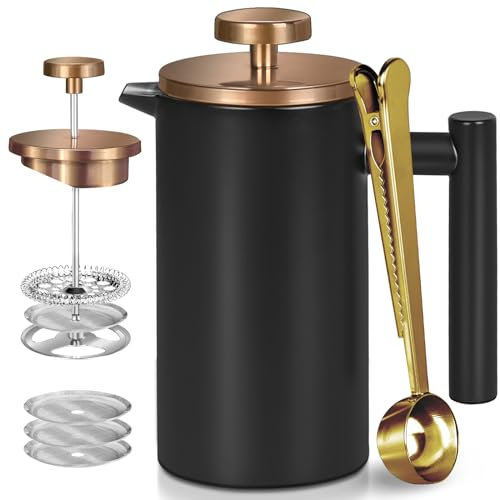 WORBIC Black Mini French Press Coffee Maker 12oz, Single Cup French Press with Rose Gold Lid, 3 Extra Filters & 1 Gold Spoon(350ml Compact Travel Size) Dishwasher Safe
