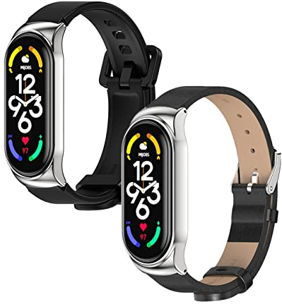 AireWiki 2-PCS Armbänder Für Xiaomi mi Band 7 Silikon + Leder Ersatzband Für Damen Herren Armband mit Kompatibel mit Xiaomi mi Band 7 (B)