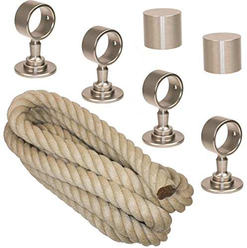 Handlaufseil Set 30mm - bestehend aus 2 Endkappen 4 Seilträger vernickelt und 4m Nature Touch Handlaufseil naturfarben