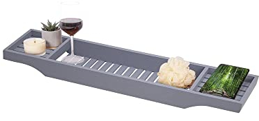 VIVAAS Natural Wooden Bamboo Bath Caddy Bridge Tray Ideal For Storage Shelf Organizer Wine Glass, Book Rest, Candle | Bath Tray | Wooden Bath Tray | Bath Shelf | Bath Bridge (Grey)
