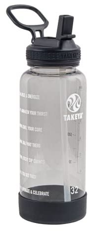 Takeya Tritan 32 oz Motivational Water Bottle with Straw Lid - Durable, BPA-Free - With Time Marker - Leakproof & Non-Slip Bumper - Stormy Black