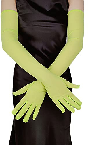 Wambere Lange Handschuhe Damen Satin Fingerhandschuhe Oper Braut Tanzhandschuhe Party Stretch Handschuhe Erwachsene Halloween Handschuhe Durchsichtig Ellenbogen Lang für Hochzeit Abend,Grün