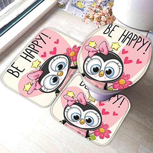 AOLIGL Badezimmermatte Set Pinguin 3D Drucken Süße Tiere Teppich Badezimmer Badgarnitur 3teilig Mikrofaser Bath mat U-förmigen Contour Matte- WC Vorleger 40 x60