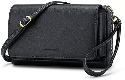 Peacocktion Damen Umhängetasche, Kleine Crossbody Taschen Schultertasche, Handgelenkstaschen Geldbörse mit Crossbody und Handgelenk 2 Riemen, Handytasche zum Umhängen mit Kartenhalter, 001-Schwarz