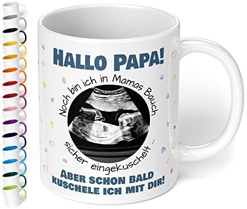 Werdender Papa Tasse Idee Schwangerschaft Verkünden – Keramiktasse mit Ultraschallbild personalisiert „Hallo Papa! Noch bin ich in Mamas Bauch“ – Geschenk Vater Baby Ultraschall-Bild (Weiß)
