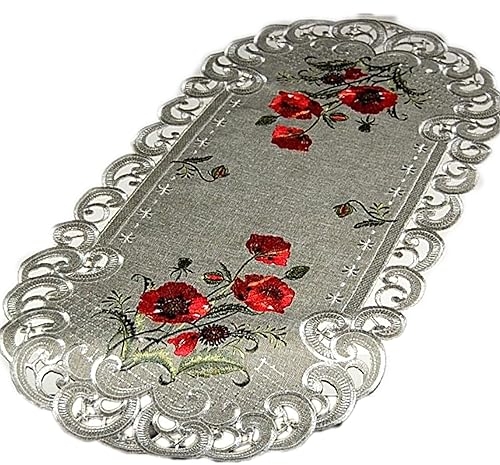 Espamira Tischläufer Oval 40x90 Roter Mohn Antikgrün Tischdecke Tischdekoration Läufer Bestickt Grün Rot Tischdekoration Sommer Herbst Stoff