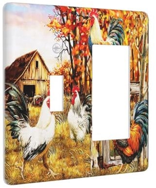 Vintage Western Farm Rustic Cabin Barn Wood Style Chicken Rooster Animals 2 Gang 1-Toggle 1-Decorator/GFCI Combination Wall Plate Combo Toggle Rocker Receptacle Outlet Cover Dimmer Light Switch Plate