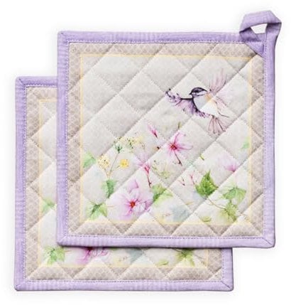 Maison d' Hermine Pot Holders set 100% Cotton Heat Resistant Potholders 20 cm x 20 cm Hot Pads with Loop BBQ, Cooking, Baking, Grilling, Handling Hot Pans Spring/Summer (Pack of 2, Magnolia Mornings)
