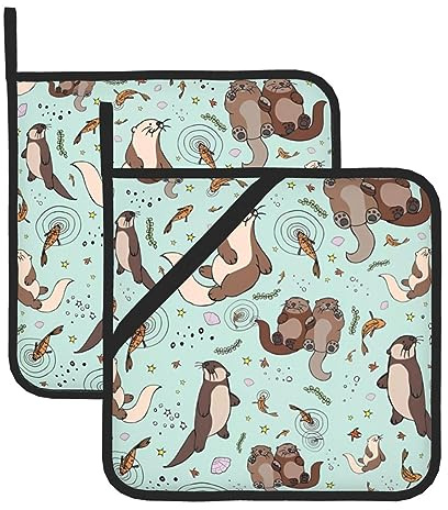 Otters Topflappen-Set 2 für Küche, waschbar, hitzebeständig, Topflappen, heiße Pads oder Küche, Kochen, Backen, Mikrowelle, BBQ