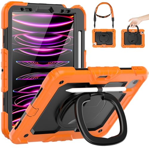 SEYMCY Case for iPad Air 5th/4th Generation 10.9 inch 2022/2020, Full-body Shockproof with Screen Protector, 360° Rotating Handle Stand, Carrying Strap, Pen Holder for iPad Air 5/4, Orange