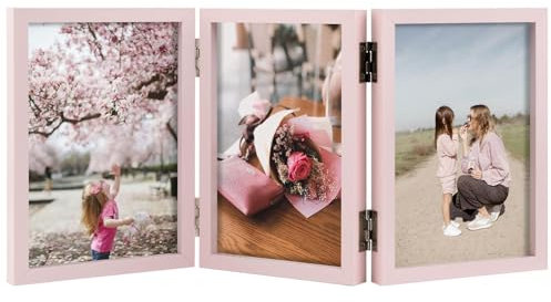4x6 Triple Hinged Frames, 3 Folding Picture Frame, Triptych Photo Frame, Stand Vertically on Desktop or Tabletop, Pink