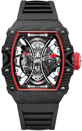 FEICE Uhren Herren Skeleton Automatikuhr Herren Uhren Saphirglas Mechanische Unregelmäßiges Gehäuse Fluorkautschukband Wasserdicht Sport Schwarz