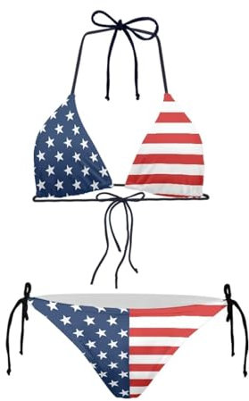 JEOCODY Women's High Waist Halter Bikini Set Two Piece Swimsuits String Triangle Bikini Sets, Vintage American Flag Printeddd, Medium