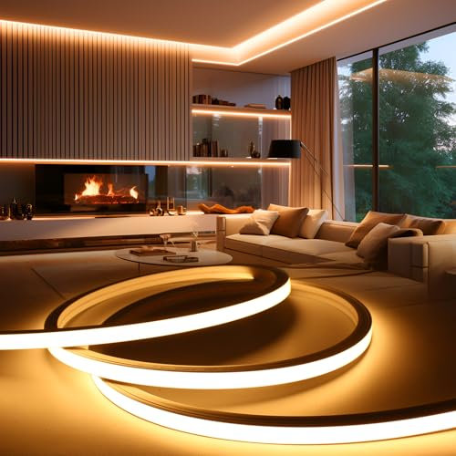 BRIMETI LED Streifen Aussenbereich 230V Neon LED Strip 10M Wasserdicht Lichtband IP65 Warmweiß Silikon Aussen Schlauch 120LED/M Outdoor Lichtleiste Band für Innen Heim Küche mit Netzteil