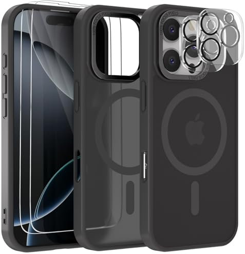 YIRSUR Matte Magnetic Case for iPhone 16 Pro[Built-in 2 HD Screen Protectors and 2 HD Lens Protector], Compatible with Mag safe, Shockproof Slim Translucent Matte Back Anti-Fingerprint Cover, Black