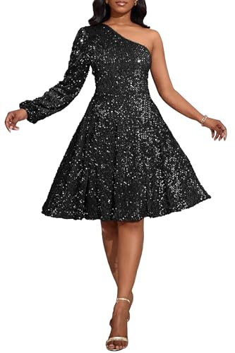 VERWIN Women's Sequins One Shoulder Long Sleeve Skater Dress - Sleeveless Midi Sparkly Casual Party Cocktail Dress XL Black