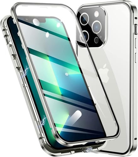 OMGZONE Magnetic Case for iPhone 16 Pro Full Body Cover,Screen Protector built-in Transparent Tempered Glass and Camera Protector,360 Degree Metal Bumper Case for iPhone 16 Pro,Clear Silver