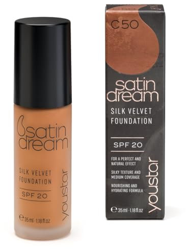 youstar SATIN DREAM Foundation, Feuchtigkeitsspendende Make-up-Grundlage, mittlerer bis hoher Deckkraft, für einen seidig glatten Teint, cremefarbene Textur, natürlich, für unregelmäßige Haut (C50)