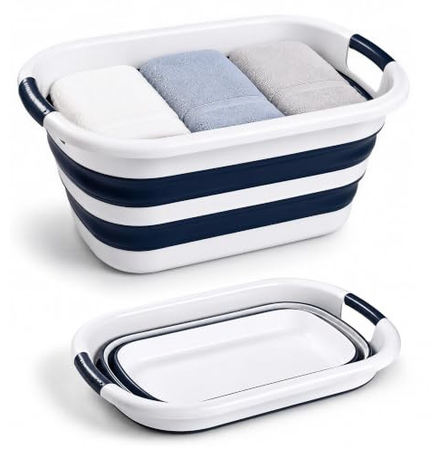 WedDecor Collapsible Oval Shape Foldable 40L Laundry Basket (Blue & White) | Sturdy Foldable Washing Bin Basket for Clothes Storage, Laundry Room, Bedroom, Bathroom & Home Organisation